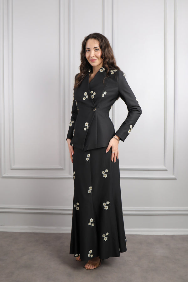 Boncuk İşlemeli Çanta Aksesuar Detaylı Etek Takım Siyah