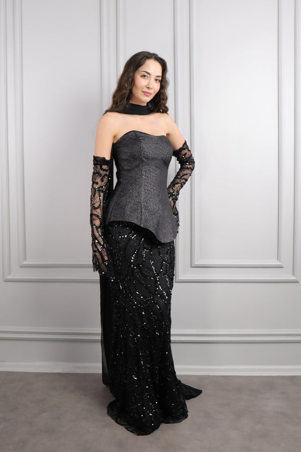 Straplez Asimetrik Kesim Şifon Fular Detaylı Payetli Balık Model Abiye Siyah