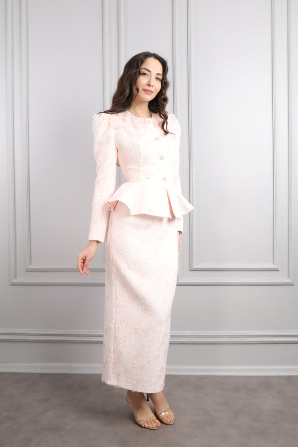 Bebe Yaka Çiçek Detaylı Tüvit Etek Takım Pudra