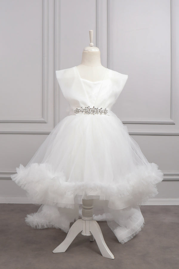 Beli Taş Detaylı Fırfırlı Çocuk Abiye Beyaz