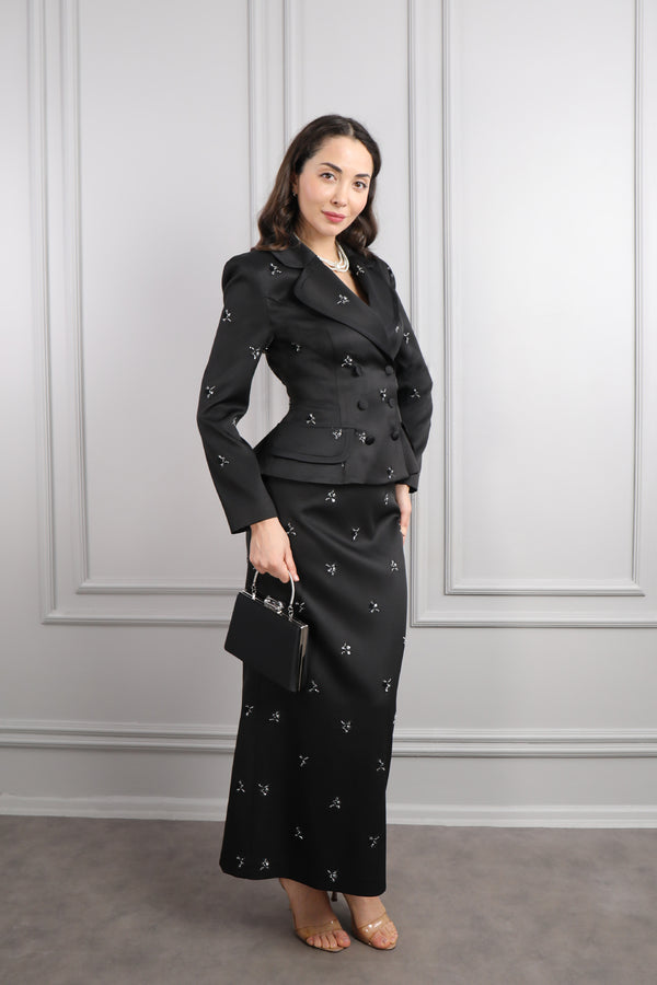 Önü Düğmeli Boncuk İşlemeli Çanta Aksesuar Detaylı Etek Takım Siyah