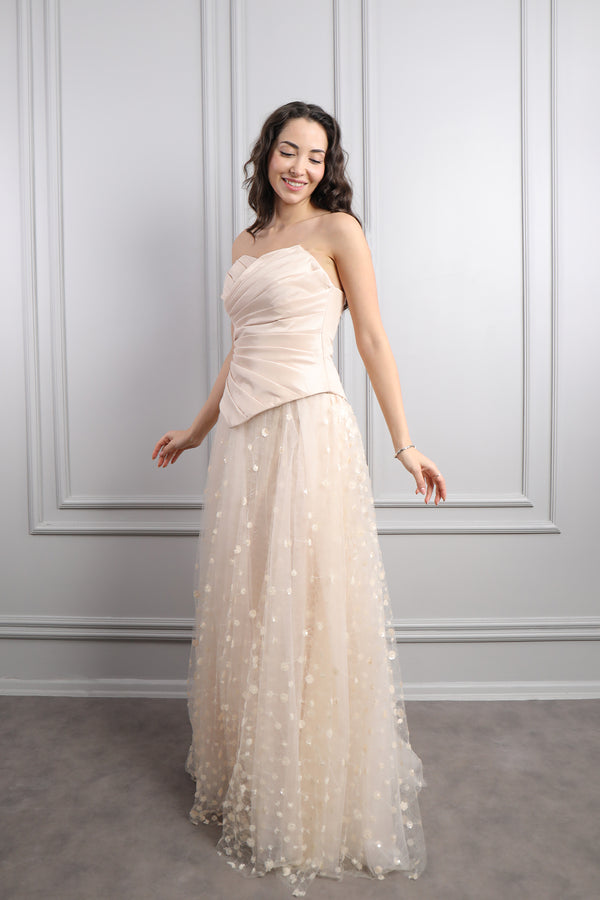 Straplez Drapeli Fular Detaylı Eteği Tüllü Abiye Somon