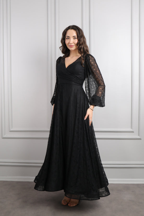 V Yaka Balon Kol Yırtmaçlı Büyük Beden Midi Boy Abiye Siyah