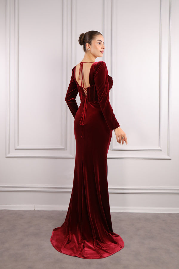 Pencere Yaka Drape Detayı Taş İşlemeli Kadife Abiye Bordo