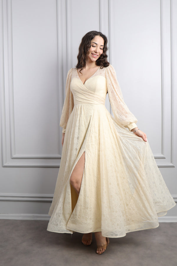 V Yaka Balon Kol Yırtmaçlı Büyük Beden Midi Boy Abiye Bej