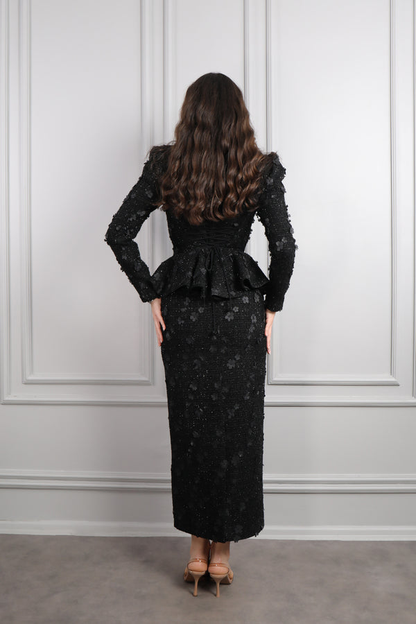 Bebe Yaka Çiçek Detaylı Tüvit Etek Takım Siyah