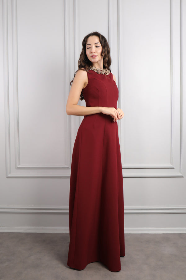 Yakası Taş Detaylı Büyük Beden Abiye Bordo