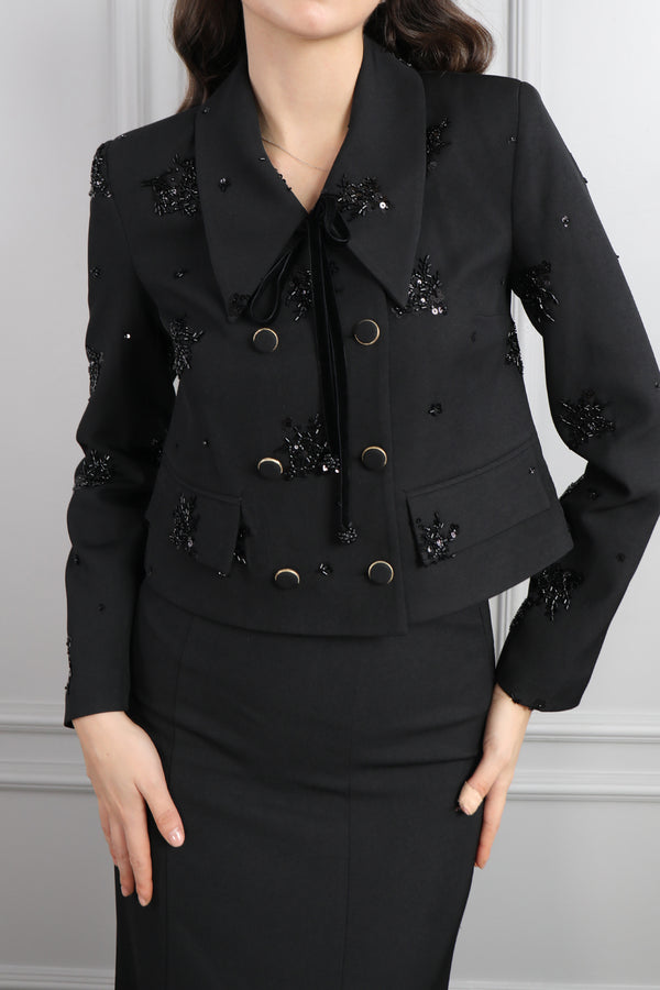 Yakası Bağlamalı Boncuk İşlemeli Etek Takım Siyah