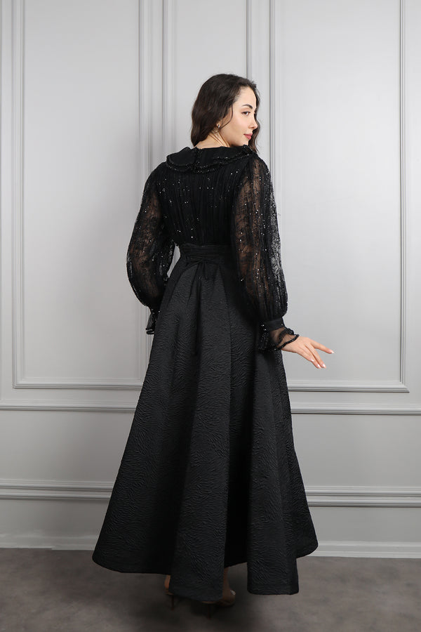 Bebe Yaka Boncuk İşlemeli Üstü Dantelli Elbise Siyah