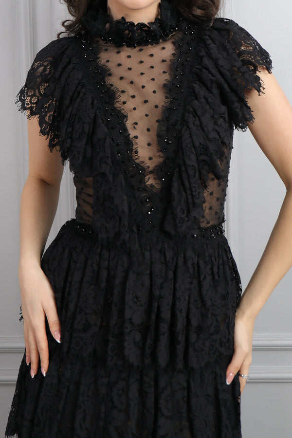 Hakim Yaka Transparan Detaylı Fırfırlı Dantelli Büyük Beden Abiye Siyah