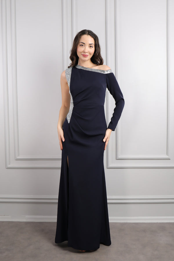 Asimetrik Yaka Tek Kollu Taş İşlemeli Yırtmaçlı Abiye Lacivert