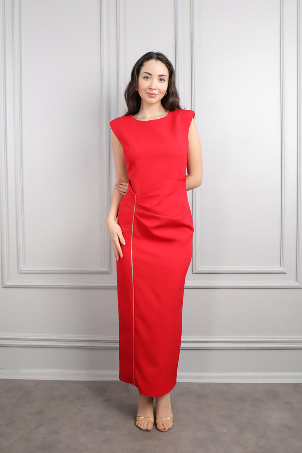 Omuzu Vatkalı Yırtmacı Fermuar Detaylı Elbise Kırmızı