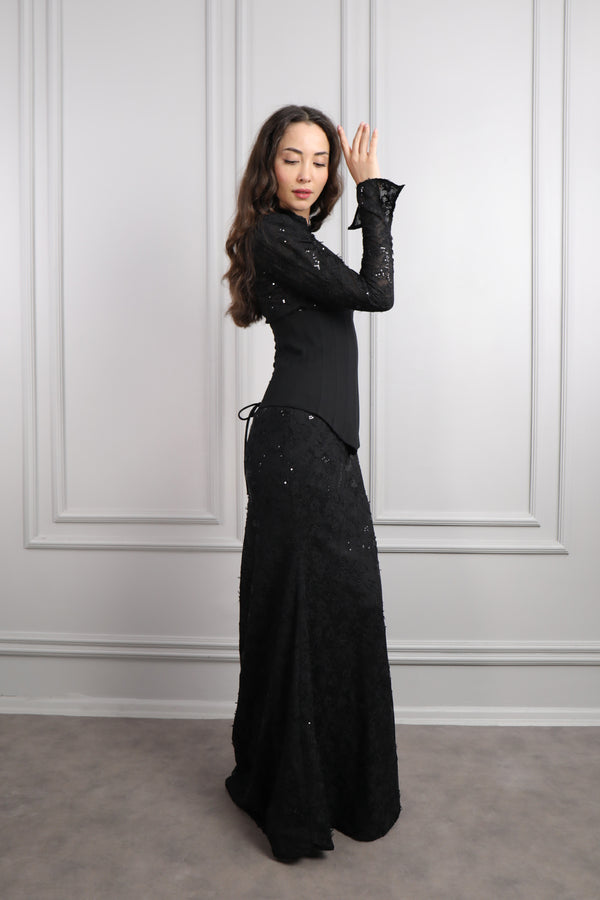 Hakim Yaka Önü Düğmeli Korse Detaylı Dantelli Abiye Siyah