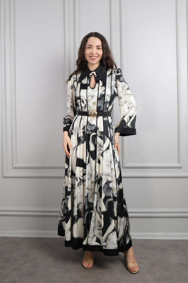 Gömlek Yaka Beli Kemerli Desenli Büyük Beden Saten Elbise Siyah