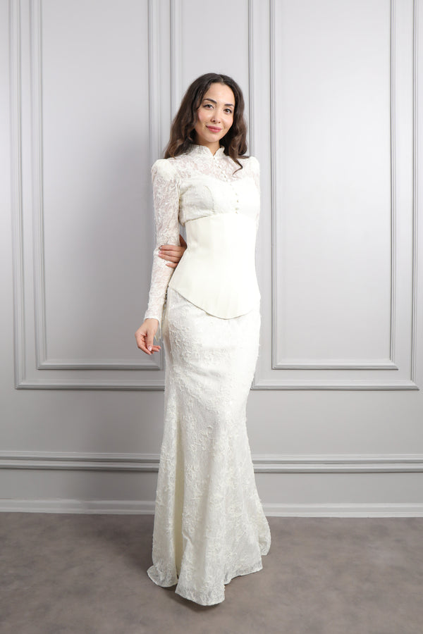 Hakim Yaka Önü Düğmeli Korse Detaylı Dantelli Abiye Kemik