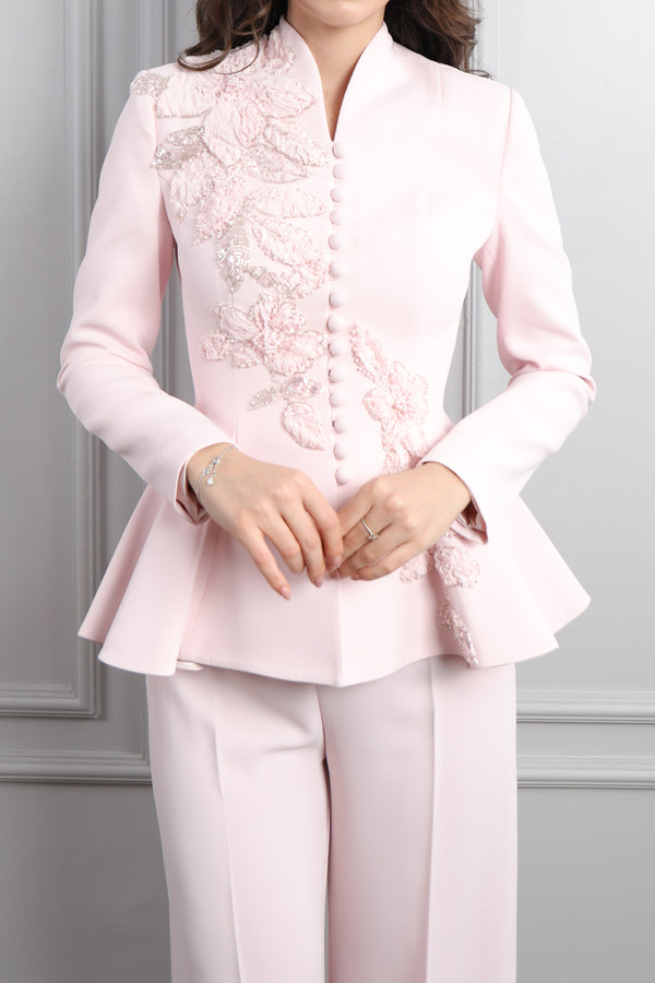 Ceketi Düğme Detaylı Çiçek İşlemeli Pantolon Takım Pudra
