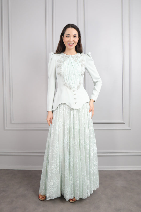 Oval Yaka Asimetrik Kesim Boncuk İşlemeli Dantelli Etek Takım Mint