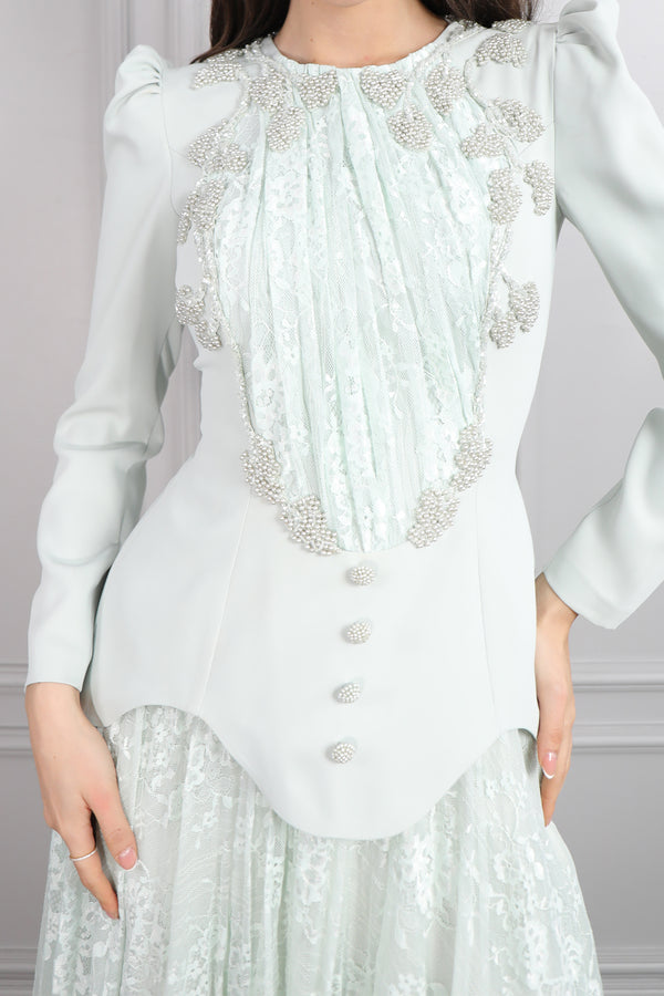 Oval Yaka Asimetrik Kesim Boncuk İşlemeli Dantelli Etek Takım Mint