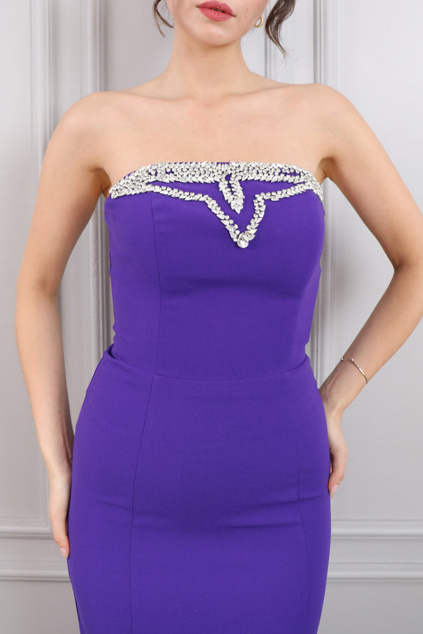 Straplez Bolero Detaylı Taş İşlemeli Abiye Mor