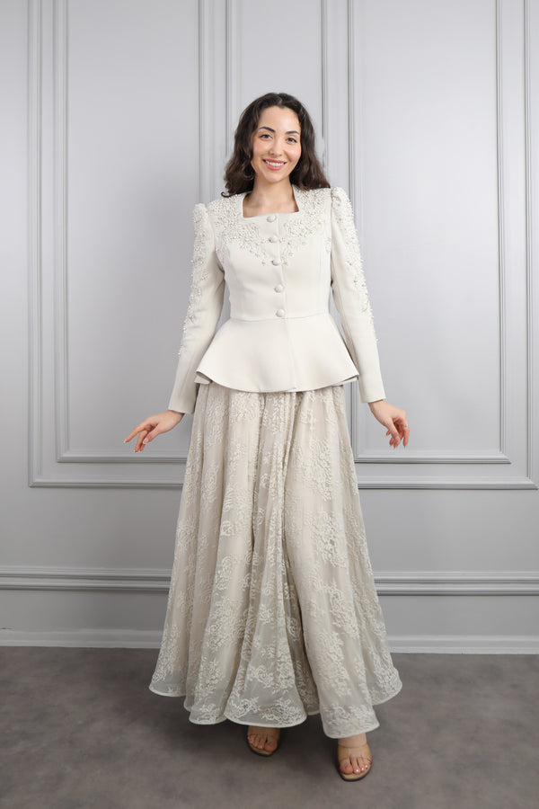 Ceketi İnci İşlemeli Dantelli Elbise Takım Bej