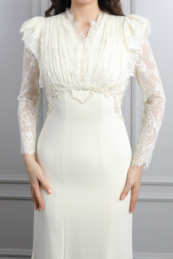 Üstü Dantelli Boncuk İşlemeli Elbise Ekru