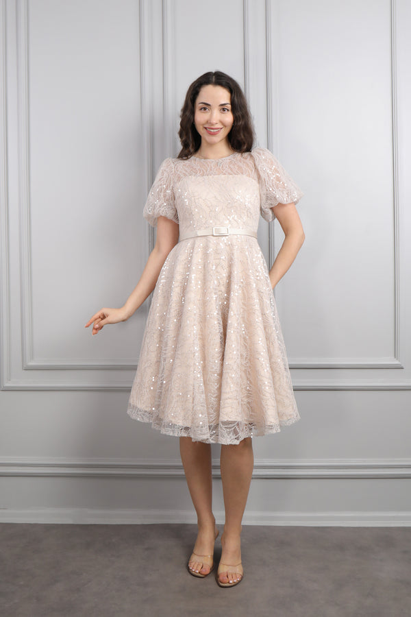 Balon Kol Beli Kemerli Simli Kısa Abiye Bej