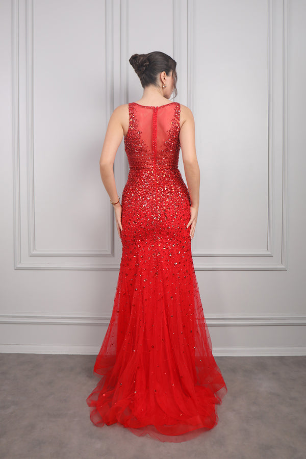 Askılı İşlemeli Tasarım Abiye Kırmızı Kalın