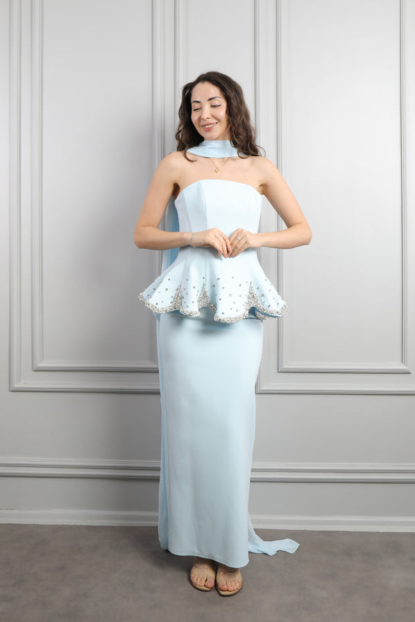 Straplez Taş İşlemeli Fular Detaylı Abiye Mavi