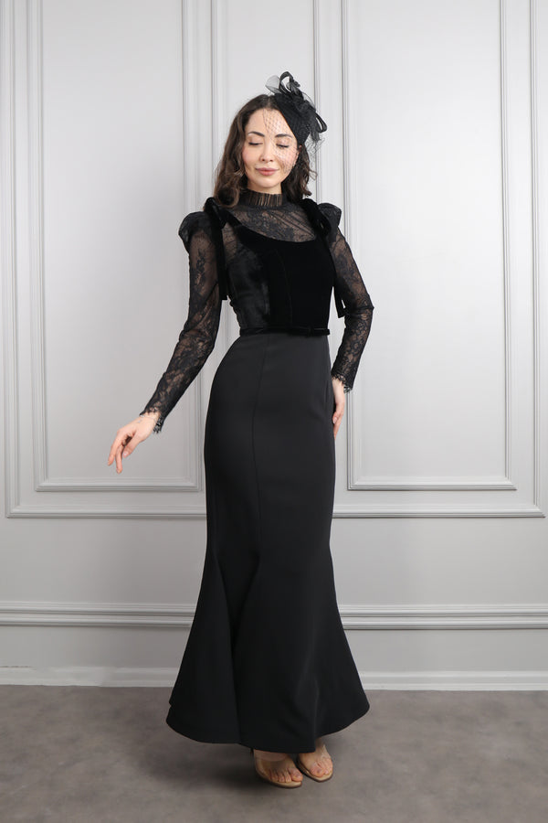 Askısı Bağlamalı Danyelli Saç Aksesuar Detaylı Kadife Elbise Takım Siyah