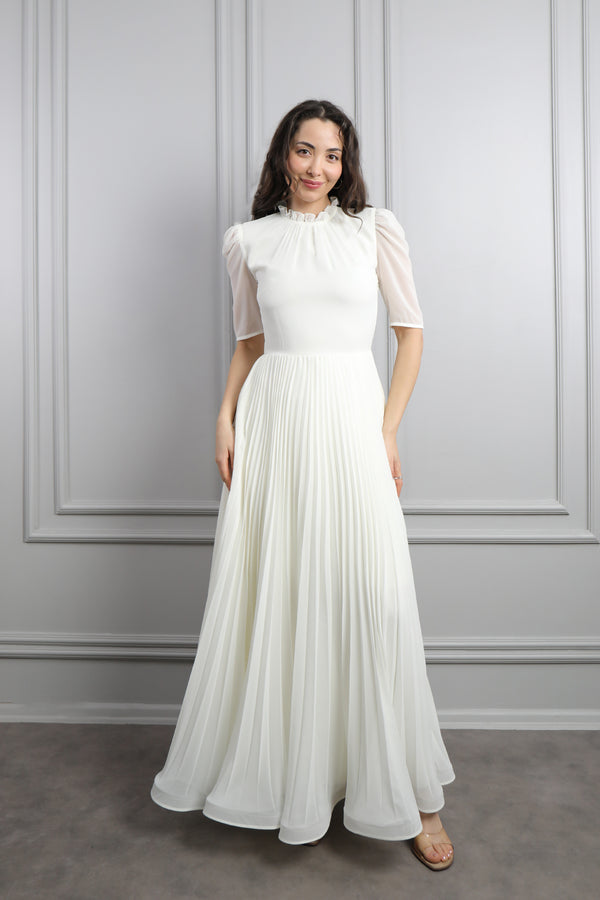 Ceketi Düğmeli Boncuk İşlemeli Pileli Elbise Takım Ekru