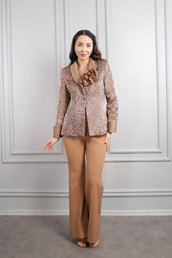 Ceketi Çiçek Detaylı Boncuk İşlemeli Pantolon Takım Fındık