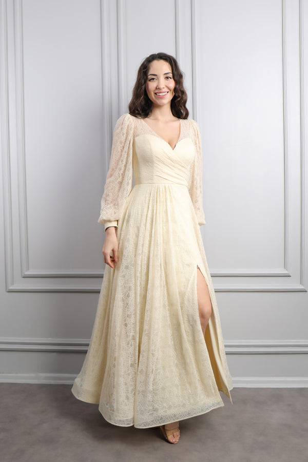 V Yaka Balon Kol Yırtmaçlı Büyük Beden Midi Boy Abiye Bej