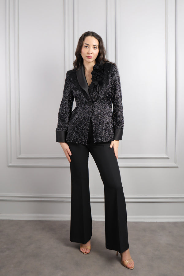 Ceketi Çiçek Detaylı Boncuk İşlemeli Pantolon Takım Siyah