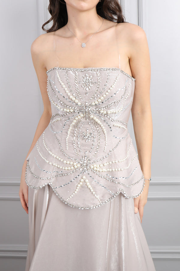 Straplez Taş Ve Boncuk İşlemeli Abiye Taş