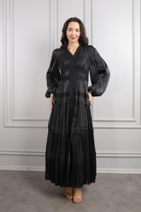 V Yaka Göpür Detaylı Şifon Elbise