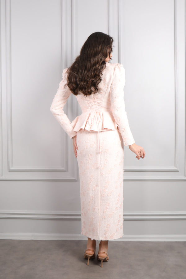 Bebe Yaka Çiçek Detaylı Tüvit Etek Takım Pudra