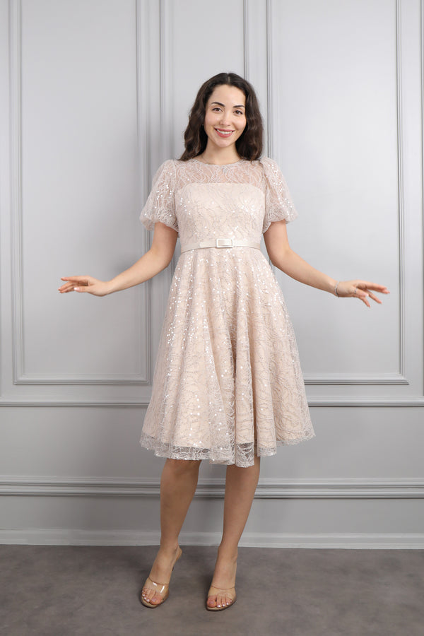 Balon Kol Beli Kemerli Simli Kısa Abiye Bej