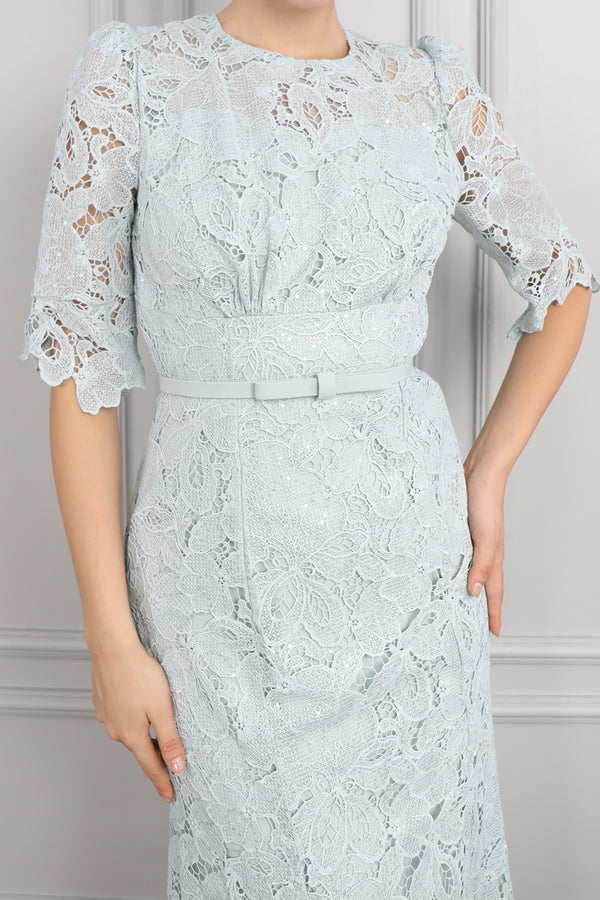 Oval Yaka Beli Kemerli Dantelli Elbise Mint
