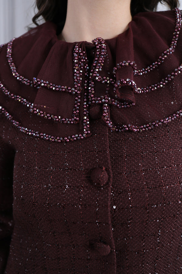 Bebe Yaka Önü Düğmeli Tüvit Etek Takım Vişne