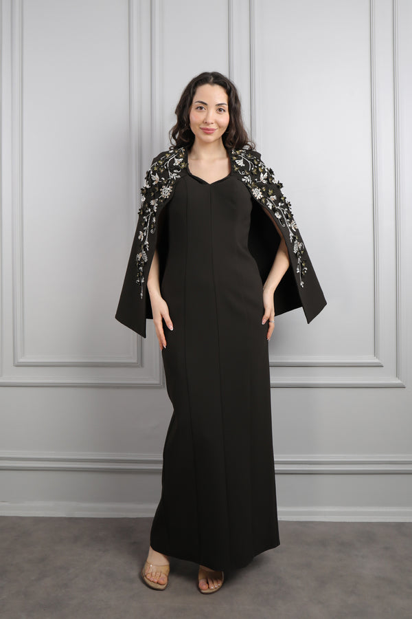 V Yaka Pelerini Taş Ve Çiçek Detaylı Büyük Beden Abiye Kahve