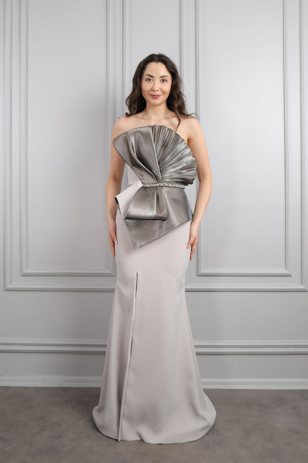 Straplez Önü Fiyonk Görünümlü Beli Boncuk İşlemeli Büyük Beden Abiye Taş