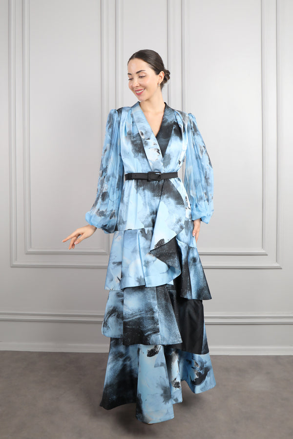 V Yaka Beli Kemerli Desenli Eteği Katlı Büyük Beden Elbise Mavi