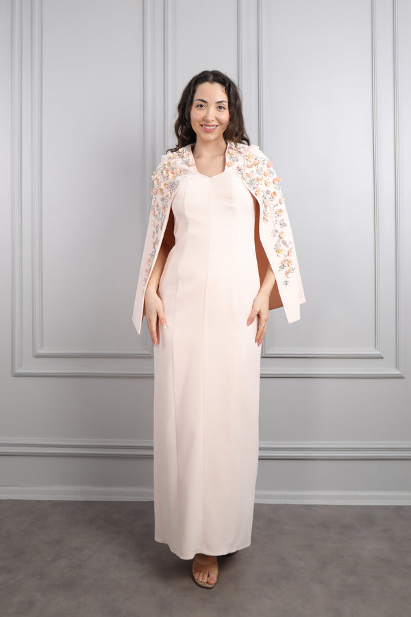 V Yaka Pelerini Taş Ve Çiçek Detaylı Büyük Beden Abiye Pembe