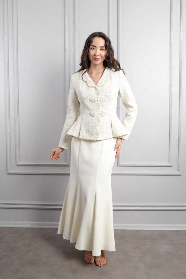 Boncuk Düğme Detaylı Tüvit Ceket Etek Takım Ekru