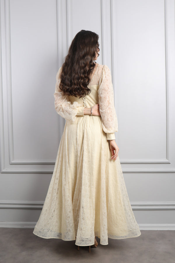 V Yaka Balon Kol Yırtmaçlı Büyük Beden Midi Boy Abiye Bej