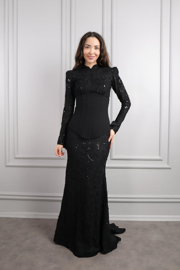 Hakim Yaka Önü Düğmeli Korse Detaylı Dantelli Abiye Siyah