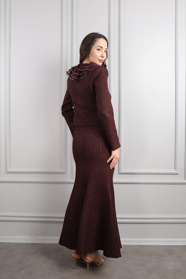 Bebe Yaka Önü Düğmeli Tüvit Etek Takım Vişne