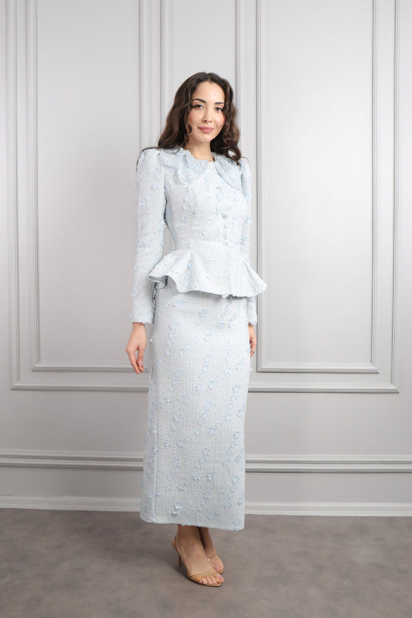 Bebe Yaka Çiçek Detaylı Tüvit Etek Takım Mavi