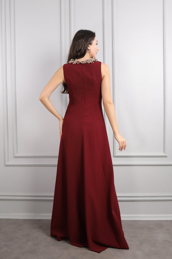 Yakası Taş Detaylı Büyük Beden Abiye Bordo