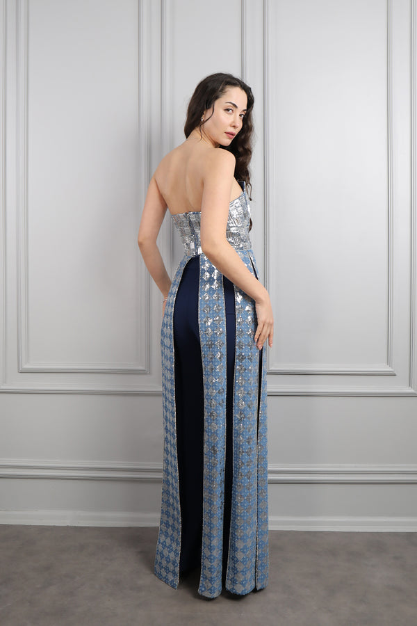 Straplez Payet İşlemeli Etek Kısmı Hareketli Pantolon Takım Lacivert